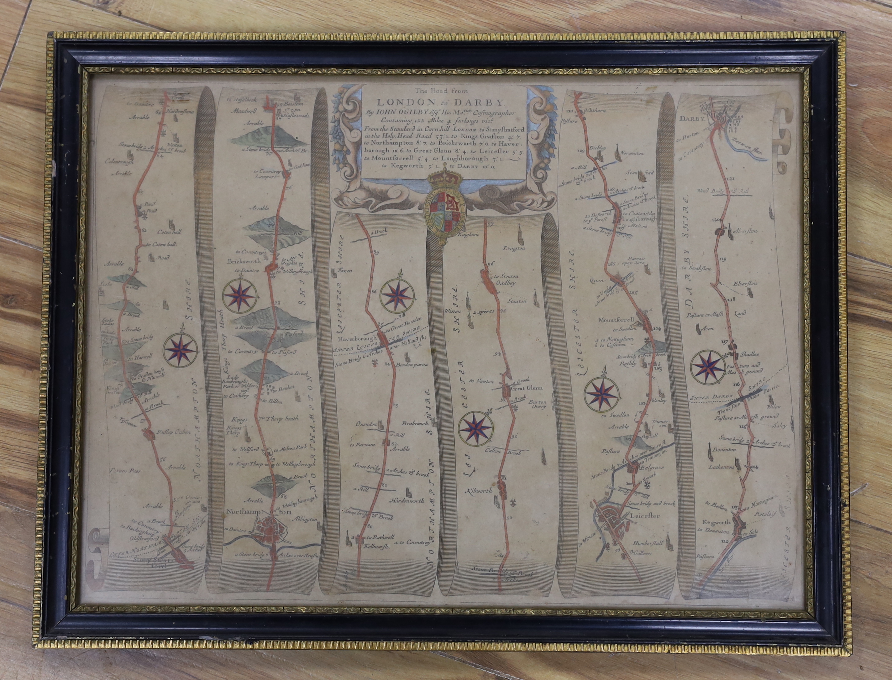 John Ogilby (1600-1676), antique hand coloured map, The Road from London to Derby, 44cm x 33cm